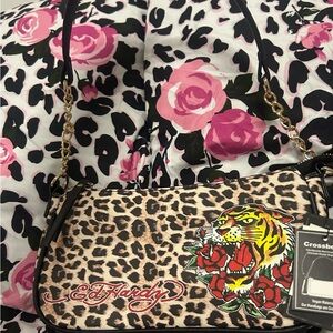 Ed Hardy Wild Leopard Crossbody Bag with Red and Gold Accents